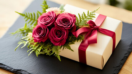 Obraz premium Elegant Gift Box with Red Roses and Greenery on Dark Slate Background