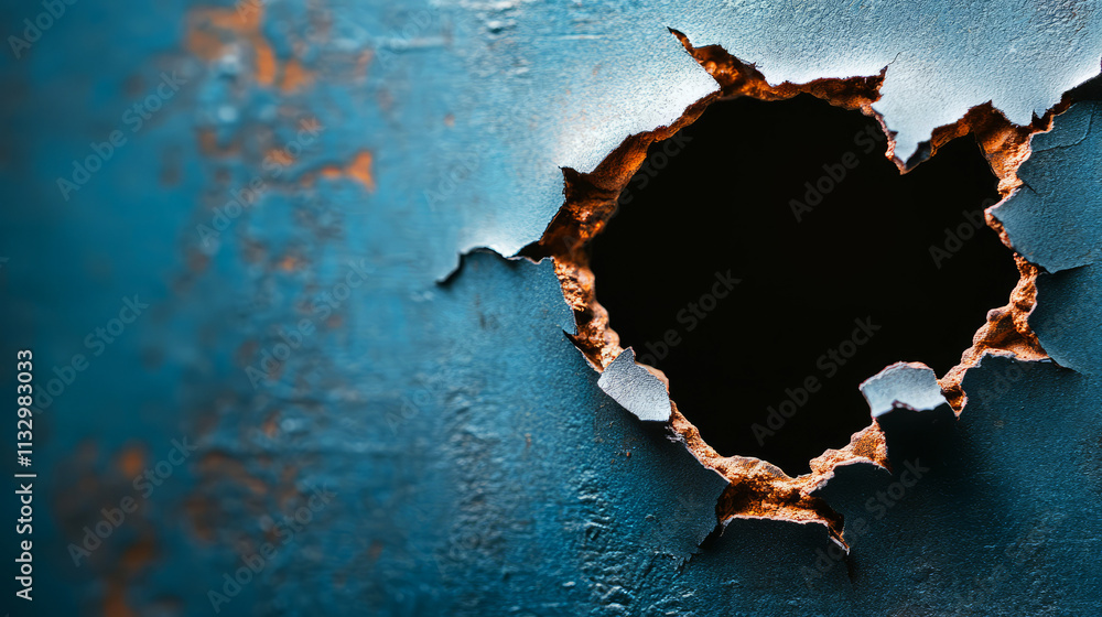 Poster close-up view of rusty metal surface with large circular hole and peeling edges