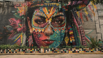 Fototapeta premium Large-Scale Mural of Ornate Female Face with Floral and Geometric Designs
