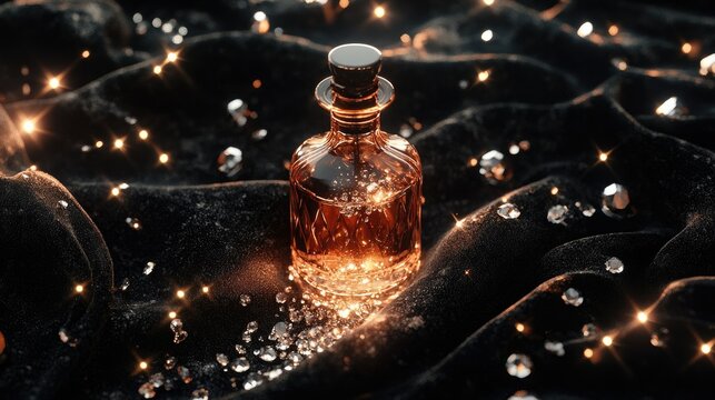A whimsical little bottle, its contents glowing, surrounded by shimmering diamonds on a black velvet cloth.