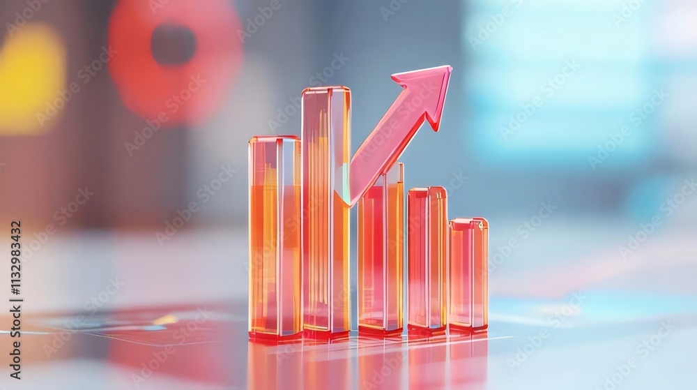 Poster glass bar graph with upward arrow showing growth and progress.