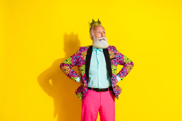 Photo portrait of nice senior male king crown look empty space wear trendy colorful pink fancy...