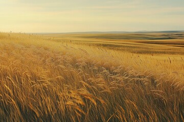 Obraz premium Vast prairie with tall grasses swaying in the wind, golden hues of late afternoon light, focus on natural grassland ecosystems, high-resolution photography