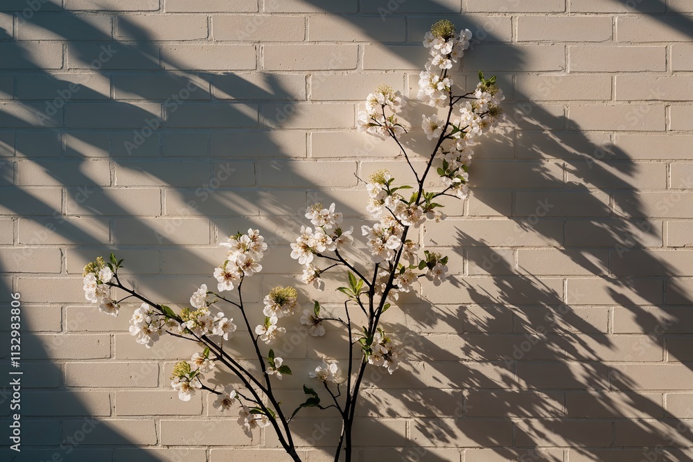 Poster spring blossoms in soft light creating shadows on light brick background