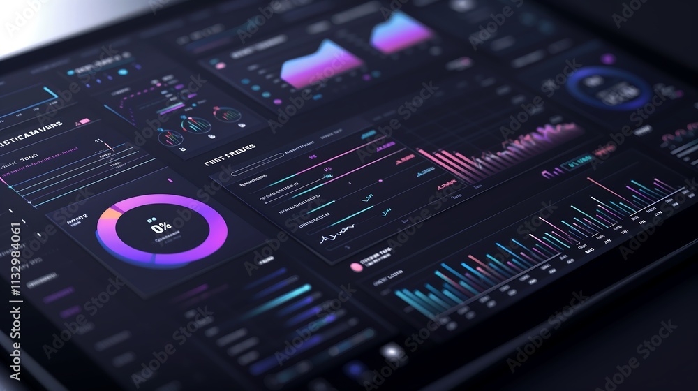 Poster a modern digital dashboard showcasing interactive business statistics, with floating pie charts, bar