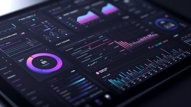 A modern digital dashboard showcasing interactive business statistics, with floating pie charts, bar graphs, and numerical metrics visualizing revenue growth in real-time.