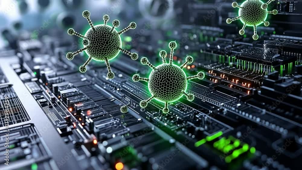 Poster biocomputer technology showcases viral structures interacting with advanced circuitry in a unique vi