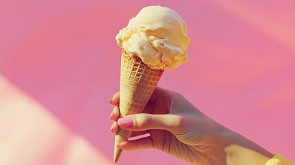 A woman's hand holding a cone while she takes a big bite of creamy ice cream.