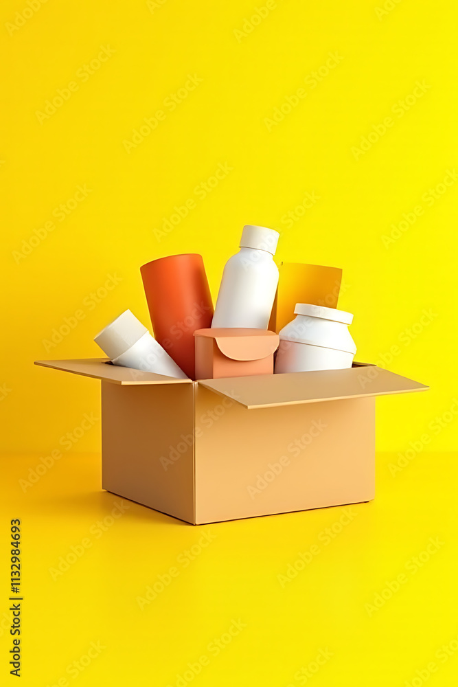Poster yellow background showcases a group of products in a box to illustrate various business ecommerce an