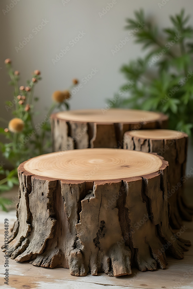 Poster wooden tree stumps can be used as decorative displays in natural settings with a subtle background a