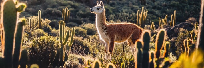 Playful Llama in Vibrant Desert Landscape with Cacti