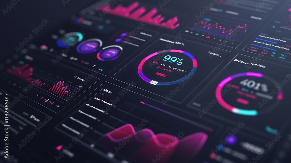 Poster a modern digital dashboard showcasing interactive business statistics, with floating pie charts, bar