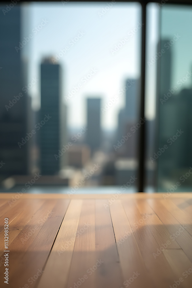 Poster Wooden table top with selective focus on a blurred cityscape through window glass in the background._00001_