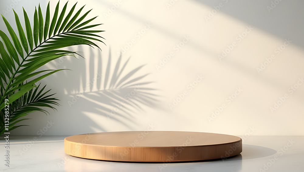 Poster wooden table or product display platform design features a silhouette of a palm leaf against a textu