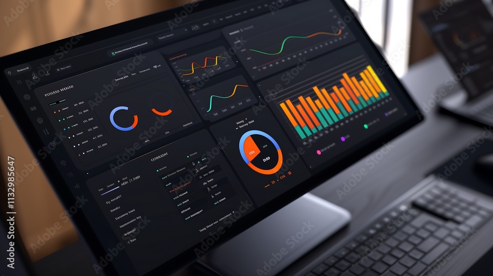 Poster a modern digital dashboard showcasing interactive business statistics, with floating pie charts, bar