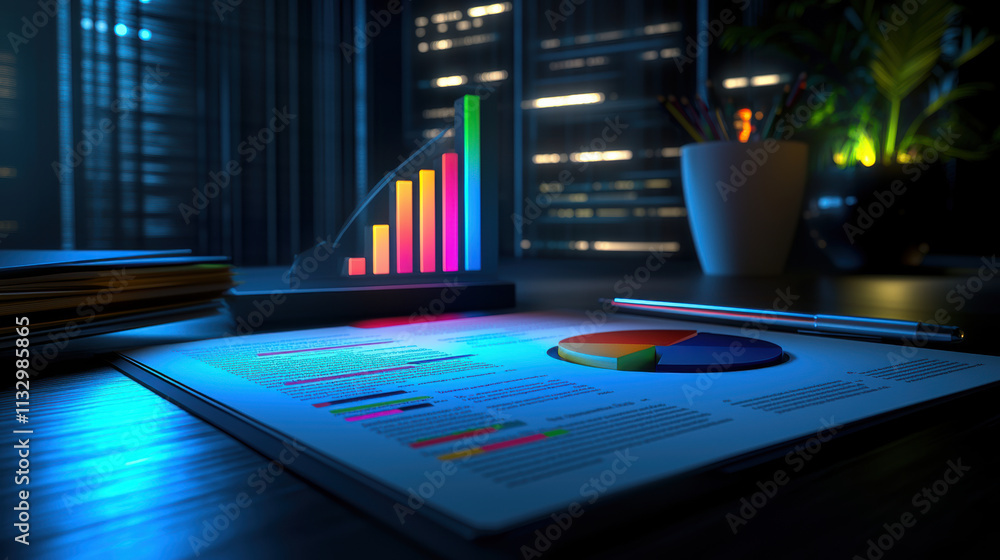 Aufkleber detailed analytics report on desk featuring colorful charts and graphs, illuminated in modern office