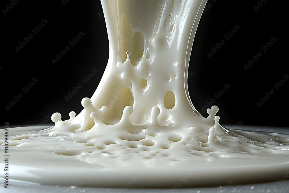 Poster a close-up of milk pouring, creating splashes and a smooth surface.