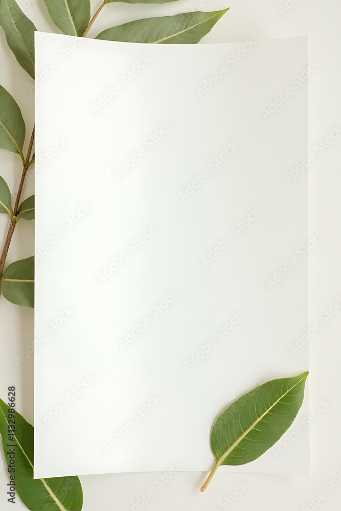 Aufkleber white paper provides a subtle contrast for a flat lay top view of an organic leaf in a natural backg
