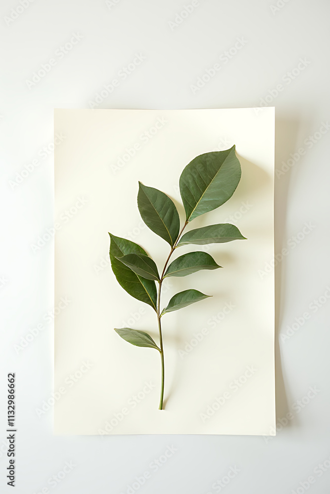 Poster white paper provides a subtle contrast for a flat lay top view of an organic leaf in a natural backg
