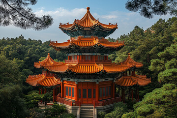 Obraz premium A traditional Chinese pagoda in a scenic outdoor setting, featuring vibrant red and gold accents, surrounded by lush greenery under a clear blue sky.