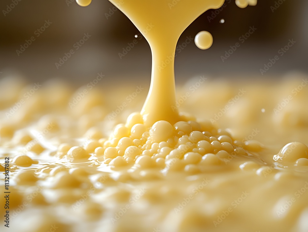 Poster a close-up of a viscous yellow liquid creating bubbles as it flows.