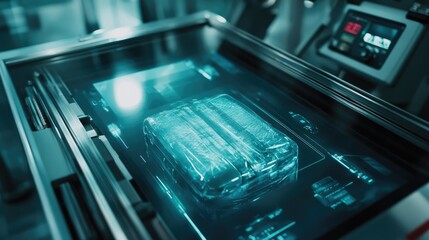 Obraz premium Close-up of a suitcase being scanned through an airport X-ray machine, with visible control panels nearby.