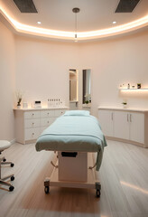 Modern empty dermatologist cosmetologist massage table for cosmetic procedures in the beauty clinic. Empty aesthetic medicine salon, dreamy atmosphere, with white tones