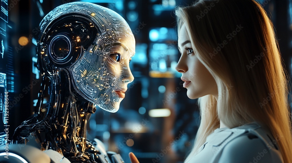 Poster a human and a humanoid robot engage in a thoughtful interaction.