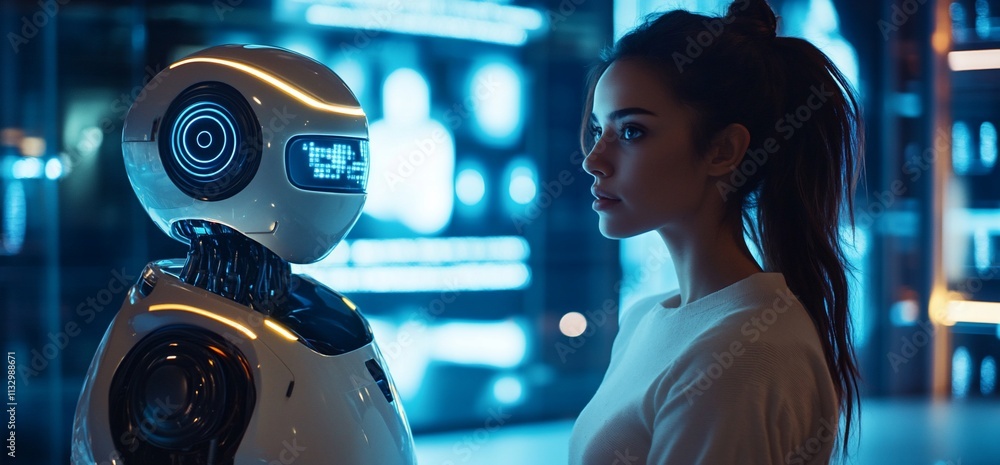 Aufkleber A human and a robot engage in a thoughtful interaction in a futuristic setting.