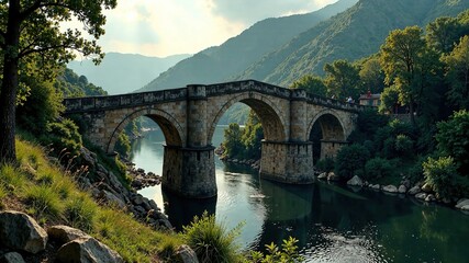 Medieval Stone Arch Bridge over Matarra&ntilde;a River, Teruel, Spain - AI Landscape Art