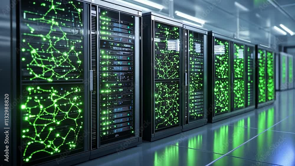 Poster advanced biocomputer setup with illuminated servers in a high-tech data center environment