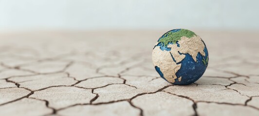 natural disasters earthquake climate concept. A small globe rests on cracked, dry earth, symbolizing environmental issues and climate change.