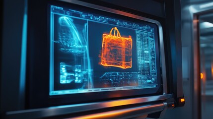 Obraz premium Detailed view of an X-ray machine monitor displaying the contents of a scanned bag, with bright and colorful imagery.