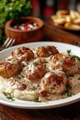 Naklejka premium A plate of meatballs in creamy sauce served over mashed potatoes, garnished with herbs.