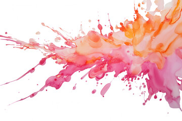 Obraz premium A vibrant splash of paint features brilliant shades of pink and orange, creating an energetic and artistic effect. The translucent colors blend seamlessly, delivering a lively appearance on a plain wh