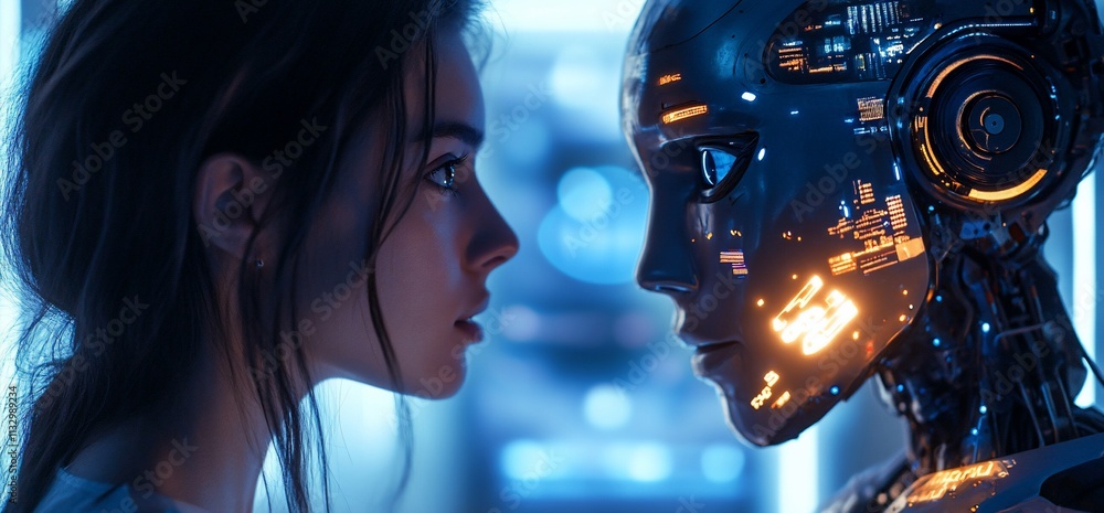 Poster a human and a robot face each other in a futuristic setting.