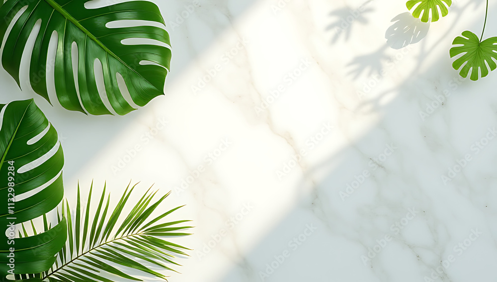 Poster tropical leaves in a natural setting on a marble background create a serene atmosphere that evokes f