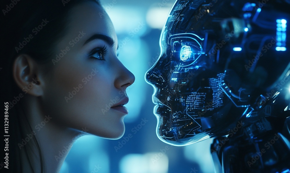 Poster a human and a robotic face are in close proximity, showcasing technology.