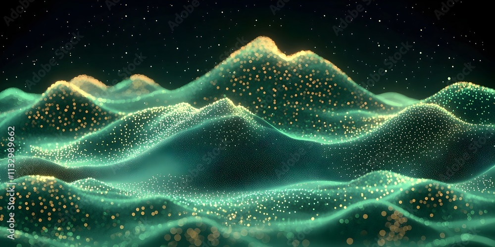 Poster a serene digital landscape featuring rolling hills of luminous particles. the gentle waves and spark