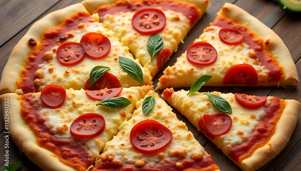 Poster Traditional pizza design features a top view of a simple pie cut into geometric shapes for transparent presentation._00001_