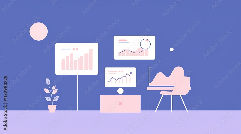Poster business analytics workspace: modern minimalist illustration of a workspace featuring data graphs an