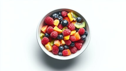 Freeze-dried fruit medley in a bowl placed centrally on a white background, focusing on the textures and vibrant hues.