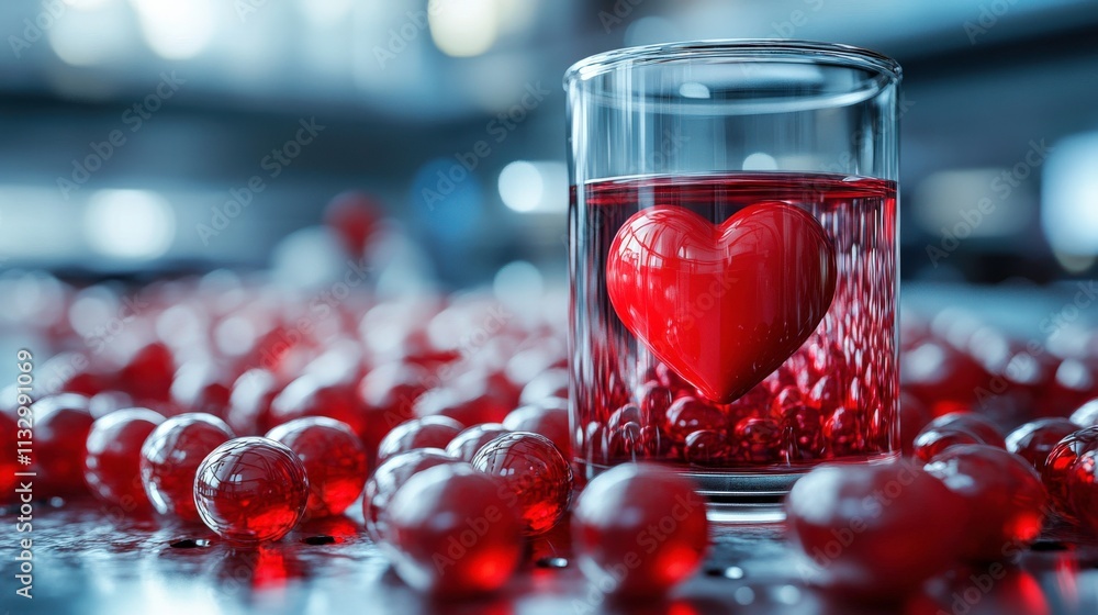 Poster heart-shaped object submerged in a glass filled with red liquid, surrounded by glossy red spheres cr