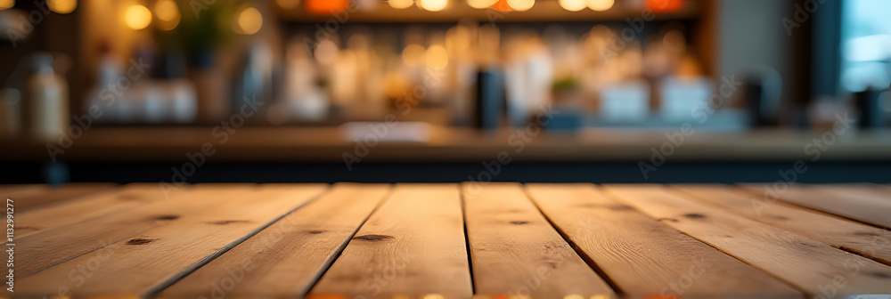 Poster The wooden tabletop blends with the blurred countertop and bar in the background, creating a harmonious visual effect overall._00002_