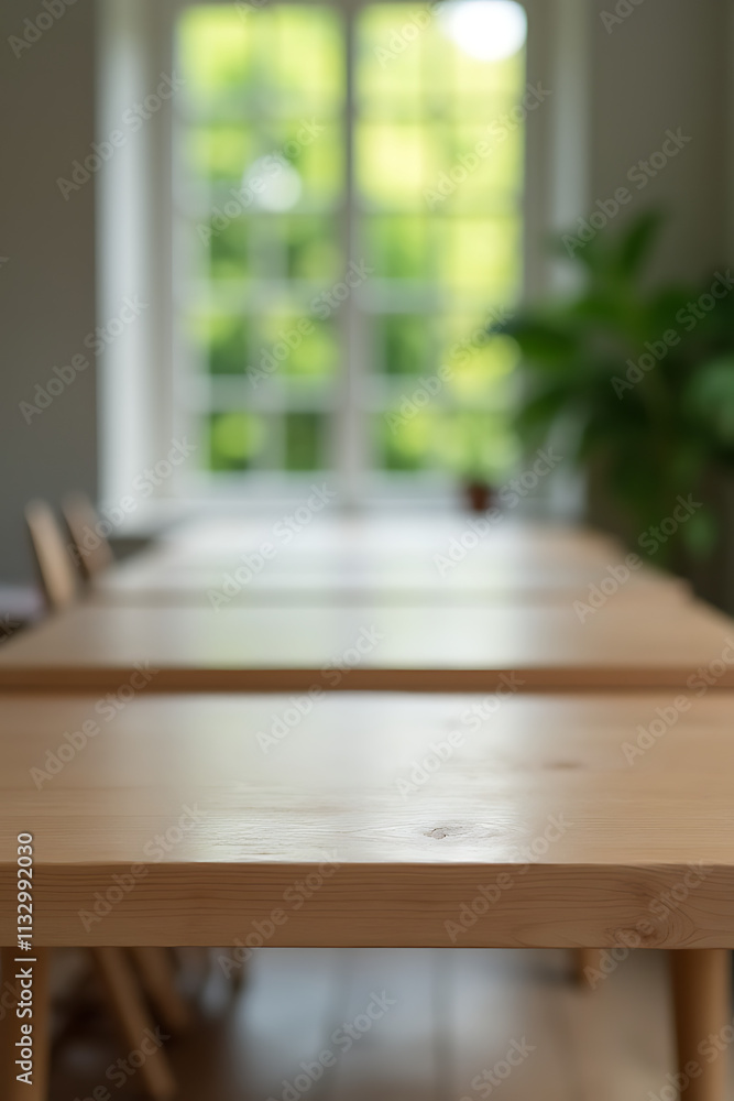 Poster The top of a wooden table sits atop a blurred window frame with a glimpse of the garden outside in the background._00001_