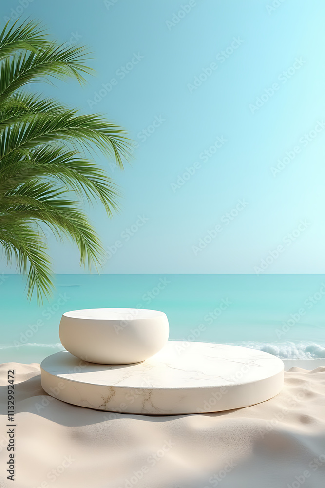 Aufkleber the sandstone top product display platform features a minimalist design with a blue sky and tropical