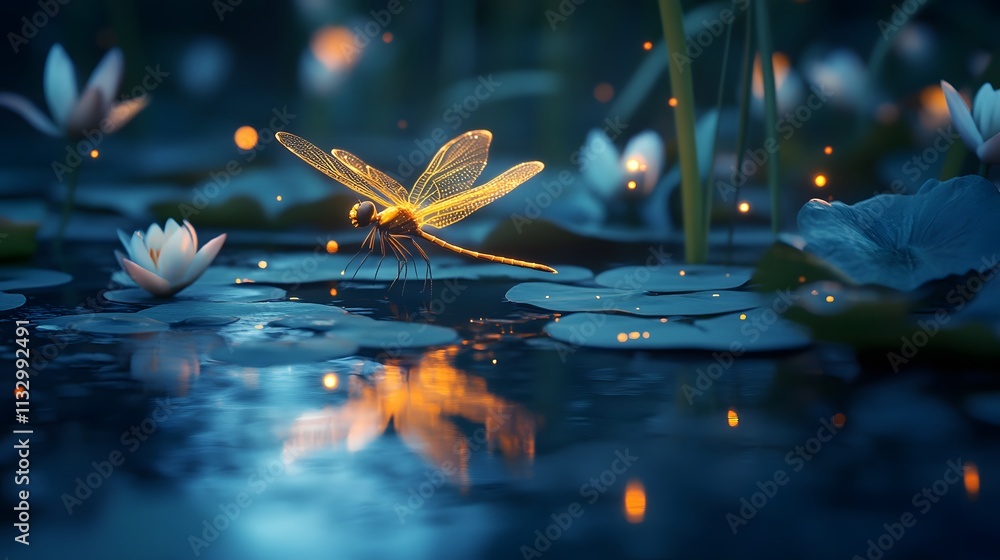 Poster ethereal dragonfly gliding over serene water lilies at dusk with glimmering reflections and magical 