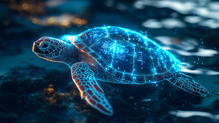 Obraz premium A cyber turtle icon glowing with nesting data, representing online marine conservation platforms, smart wildlife tracking, and habitat protection resources. 
