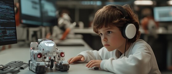 A child with headphones observes a small robot intently, surrounded by computer screens, showcasing curiosity and a love for technology.
