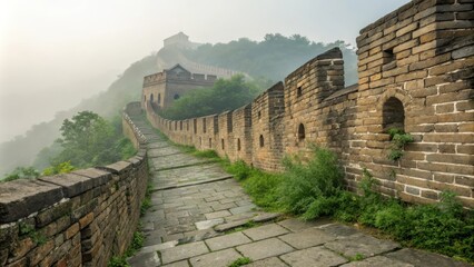 Fototapeta premium Ancient Brick Wall Along Historic Pathway in Misty Landscape